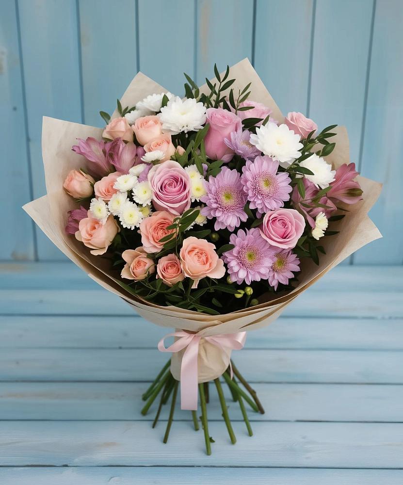 Букет цветов из: Хризантемы, Розы и Альстромерии в Хрустальный