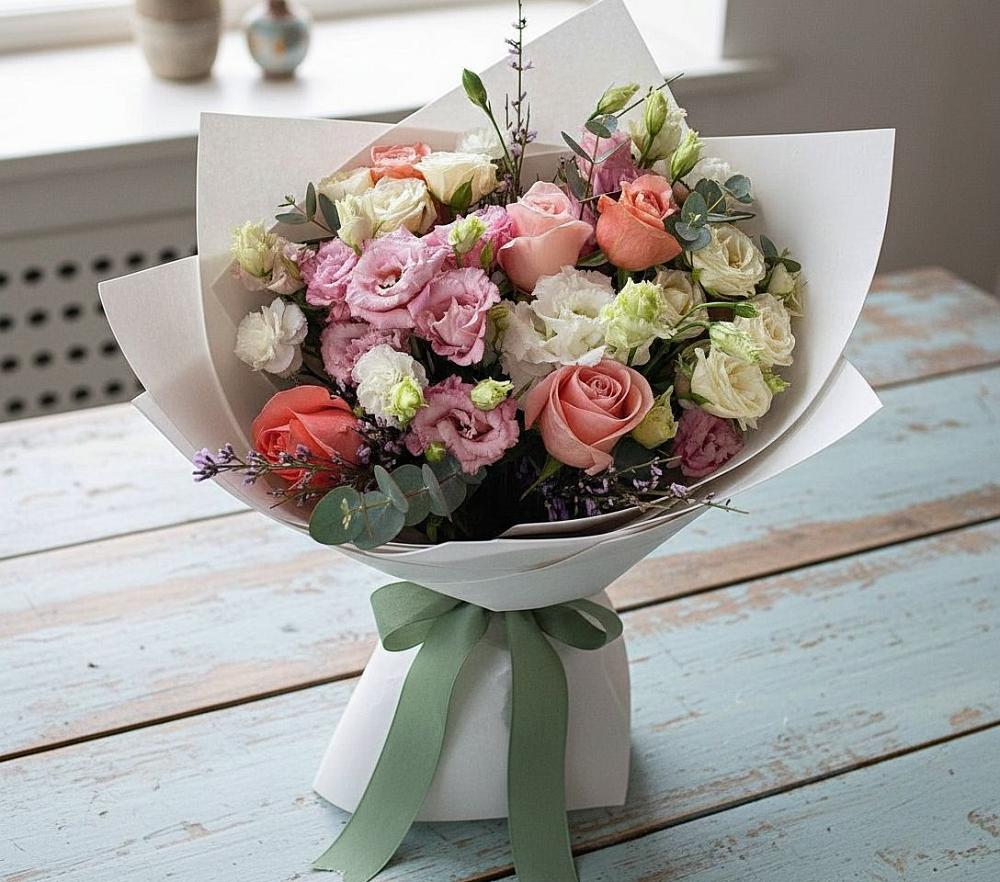 Букет цветов из: Розы, Лизиантусы и Гвоздики в Хрустальный