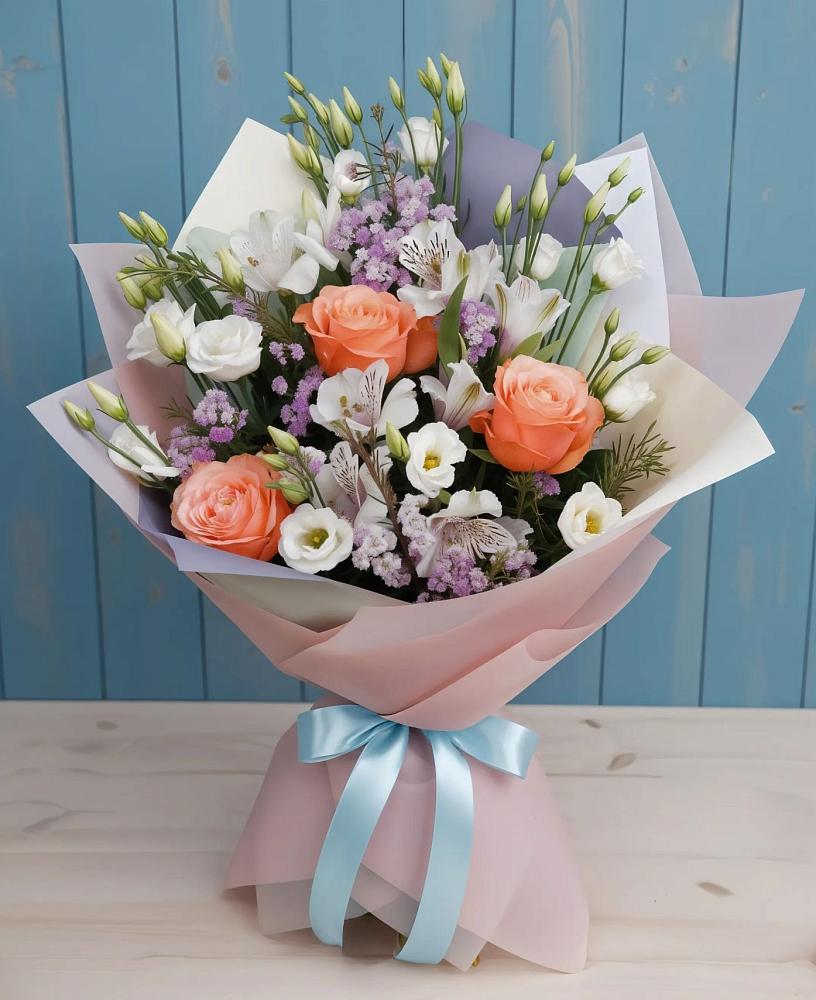 Букет цветов из: Лизиантусы, Розы, Альстромерии и Гипсофила в Хрустальный