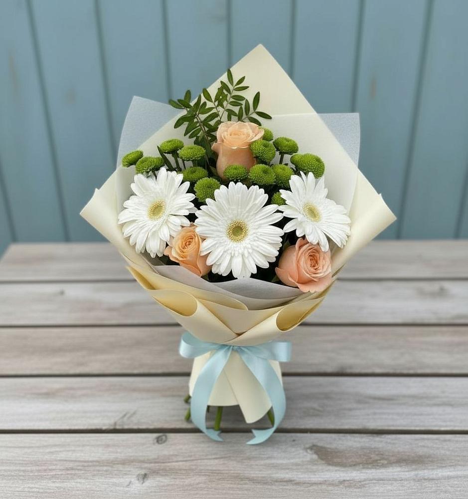 Букет цветов из: Герберы, Розы и Хризантемы в Хрустальный